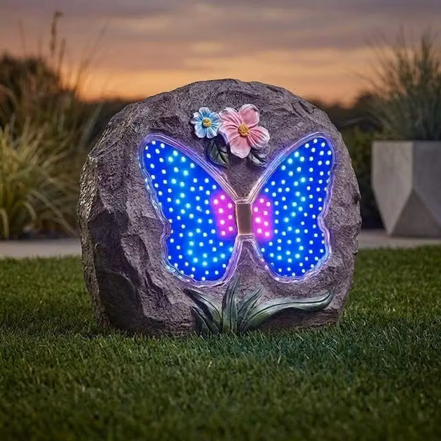 Garden Greatness Papillon Animated Solar Garden Rock Light in Grey and Multicolour