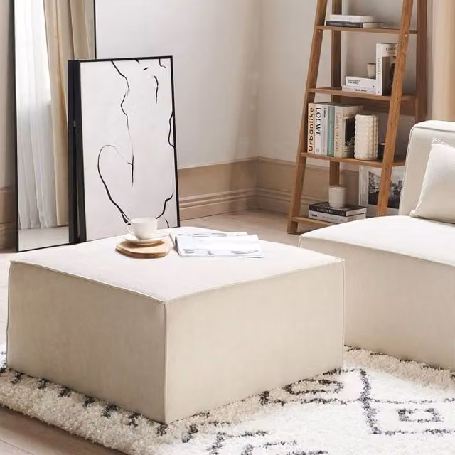 Wyld and Coco Beige Corduroy Ribbed Square Ottoman Modern Footstool