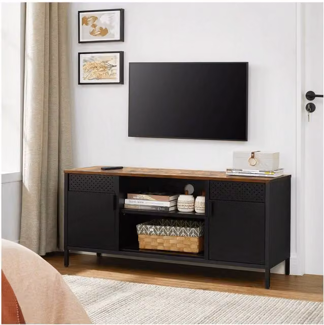 SONGMICS TV Stand Cabinet with 3 Adjustable Shelves in Black and Brown Rustic Finish