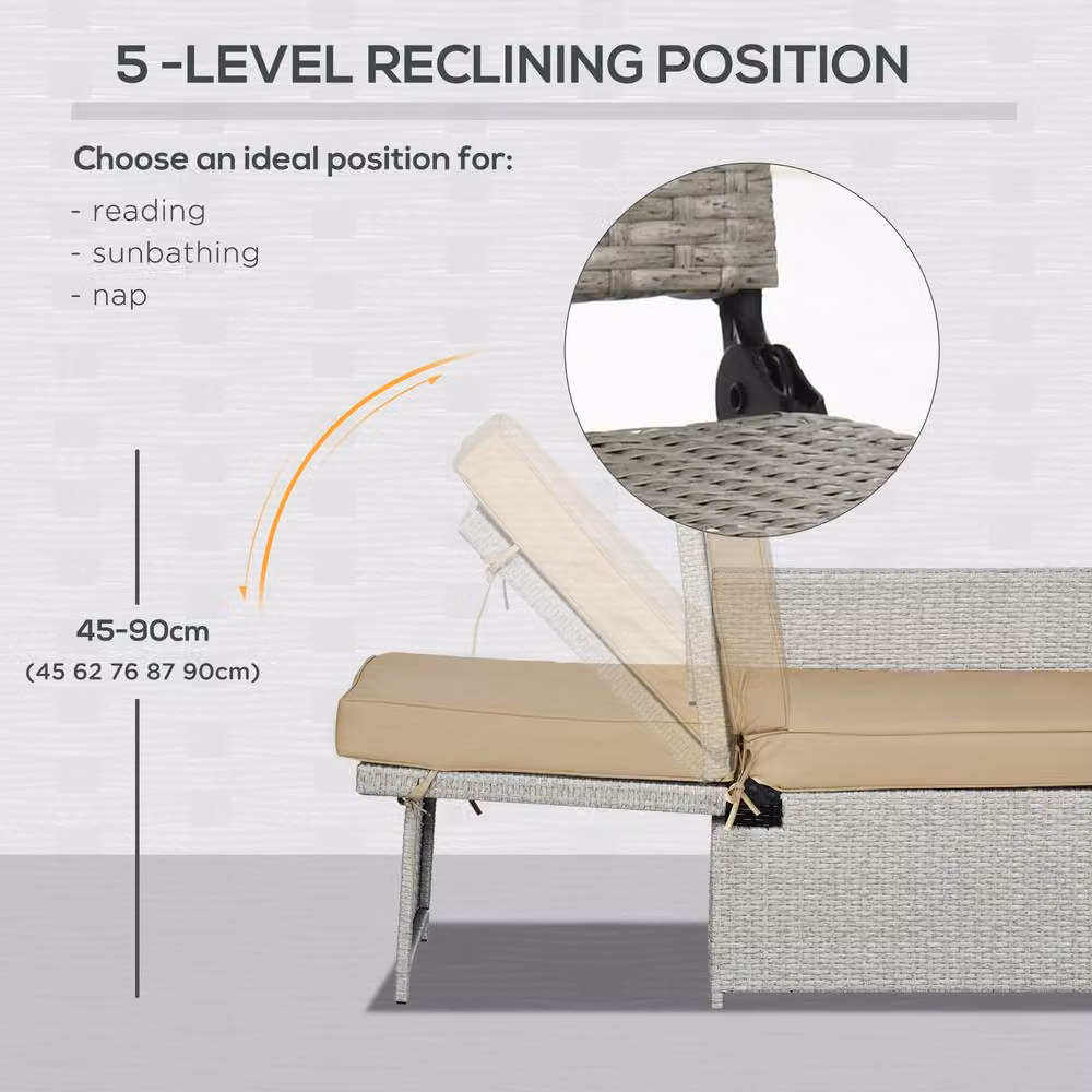 ERGOVEXA 5-Piece PE Rattan Sun Lounger Set in Beige with 5-Level Adjustable Backrest and Powder Coated Steel Frame – 3