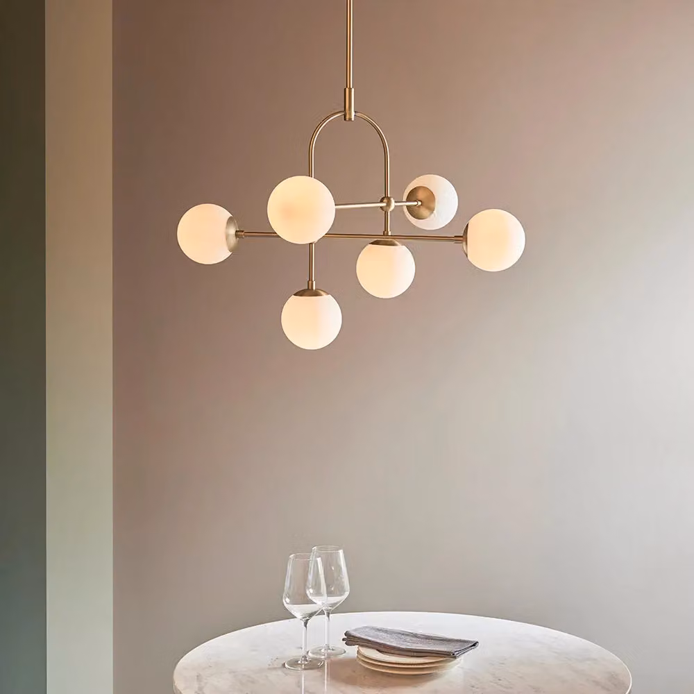 Loops Antique Brass Multi Arm Ceiling Light with 6 Transparent Glass Sphere Shades and Height Adjustable Hanging Pendant – 3