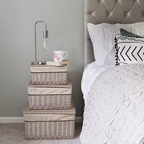 JVL Arianna Set of 3 Rectangular Willow Hamper Baskets with Removable Bags, Grey – 3