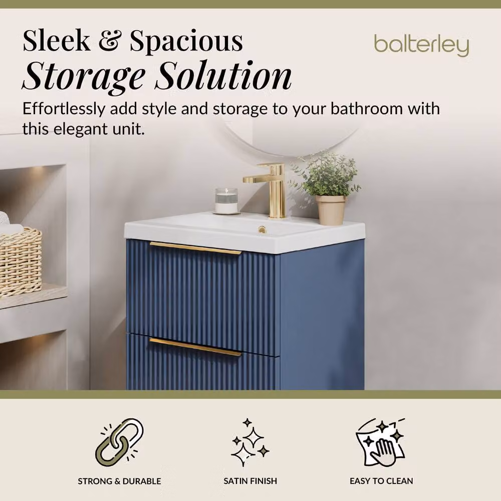 Balterley Fluted Front Wall Hung 2 Drawer Vanity Basin Unit, Satin Blue, Width: 50 cm – 2