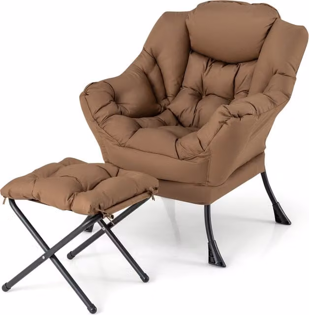 Costway Modern Brown Fabric Accent Lazy Chair with Ottoman and Armrests
