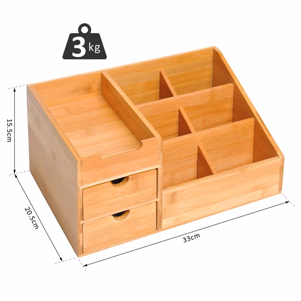 STILVORA Bamboo Desk Organiser with 7 Compartments and 2 Drawers in Brown and Sand – 2