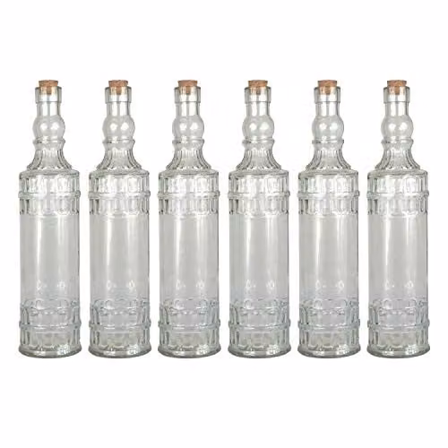 Simpa Set of 6 Vintage Round Glass Decanting Bottles with Cork Stoppers, 700 ml, Transparent