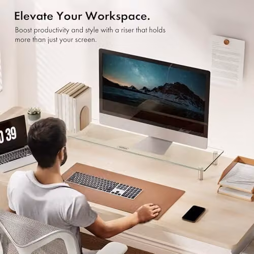 VonHaus Height Adjustable Dual Screen Glass Monitor Stand with Aluminium Legs, W: 100 cm, D: 26 cm – 4