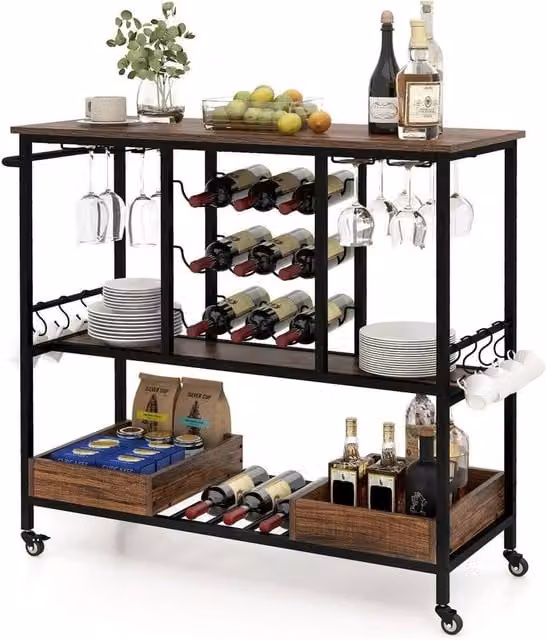 VOGREX Industrial 3-Tier Rolling Bar Serving Cart in Brown with Metal and Glass Finish – 1