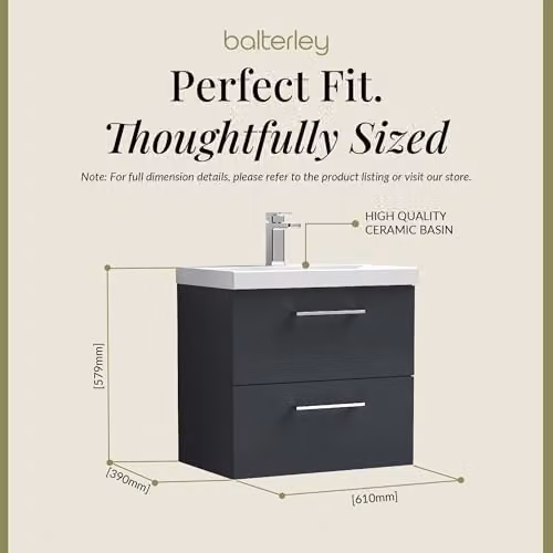 Balterley Wall Hung 2 Drawer Bathroom Vanity Unit with Basin in Dark Grey, W: 61.0 cm, D: 39.0 cm, H: 57.9 cm – 2