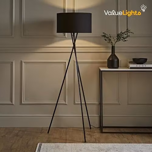 ValueLights Camden Black Metal Tripod Floor Lamp with Black Fabric Cylinder Shade – 2