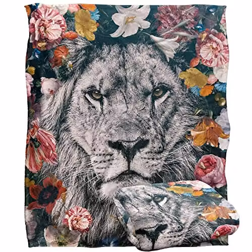 Reinders Floral White Lion Super Soft Fleece Throw Blanket, Multicolour, W/D/H: 152 x 127 cm