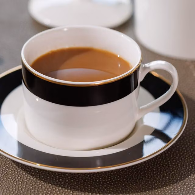 Mikasa Luxe Deco Bone China Tea Cups and Saucers Set of 2, 200ml, Geometric Black, White and Gold