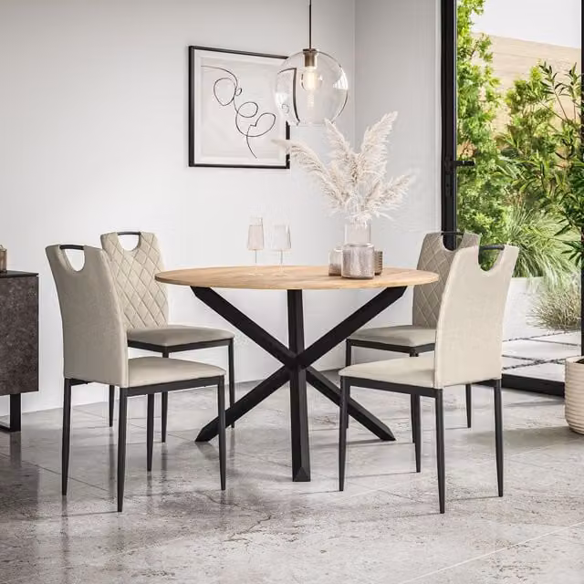 More4Homes Malvern Round Dining Table and 4 Monza Fabric Dining Chairs Set, Oak Table Top with Black Legs and Beige Chairs