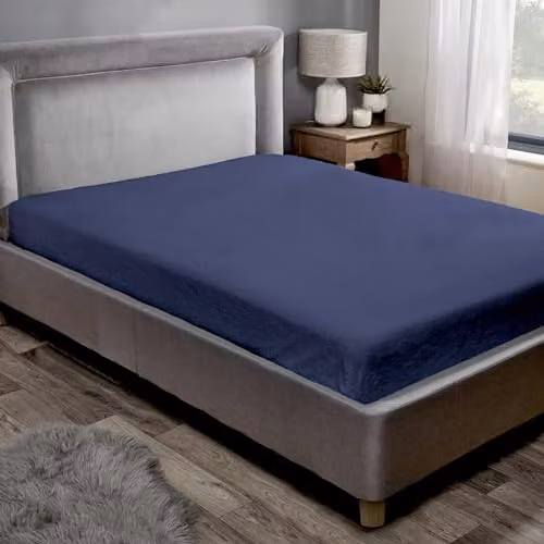 Rapport Home Teddy Fleece Plain Fitted Bed Sheets in Blue, Double, W/D/H: 140 x 200 cm