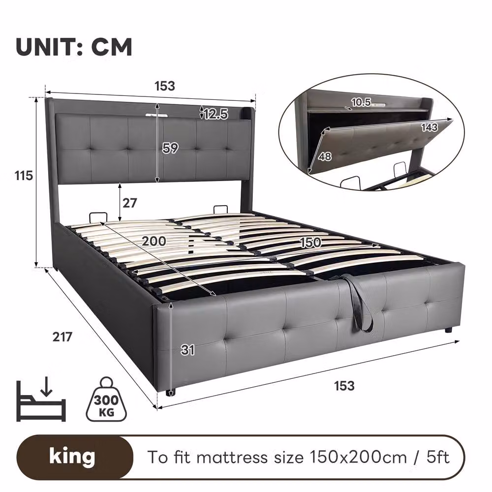 Rolipo King Size Ottoman Bed in Grey PU Leather with Hydraulic Storage, LED Under-Bed Lighting and USB Charging Port, W/D/H: 180 x 200 cm – 5