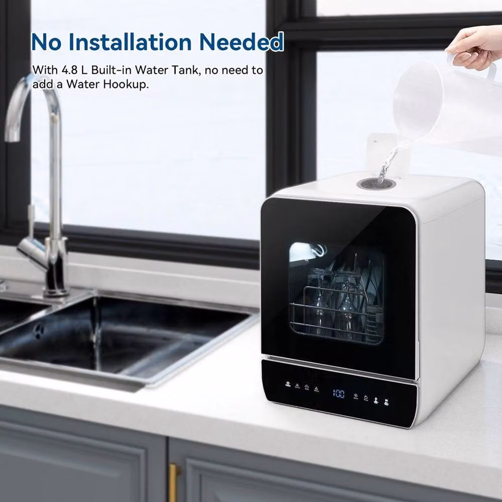 PAWNORA White Countertop Mini Dishwasher with 5L Water Tank and Quick Program – 4