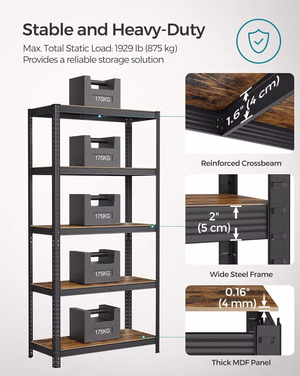 SONGMICS Heavy Duty Steel Shelving Unit with 5 Tool Free Tiers, Dark Brown, H: 180 cm, W: 90 cm – 3