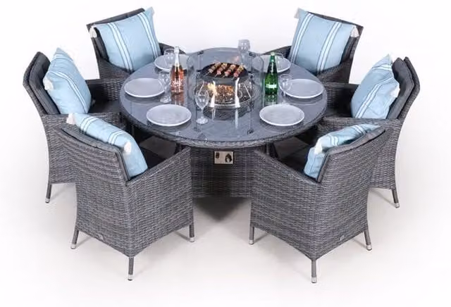 Giardino Savannah Fire Pit Round Rattan Patio Dining Set in Grey for 6 People