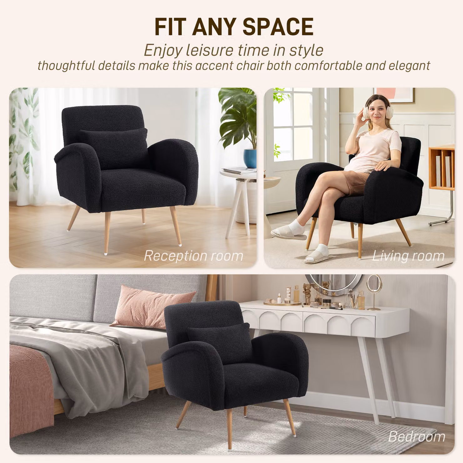HOMCOM Black Teddy Fleece and Bouclé Accent Chair with Armrests – 6