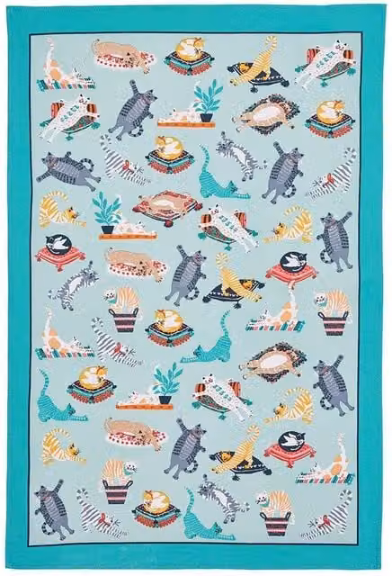 Ulster Weavers Kitty Cats Animal Print 100% Cotton Tea Towel in Blue and Green