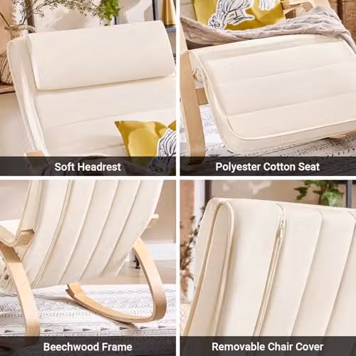 SoBuy Modern Relaxing Rocking Chair with Adjustable Headrest and Footrest in Beige and White – 5