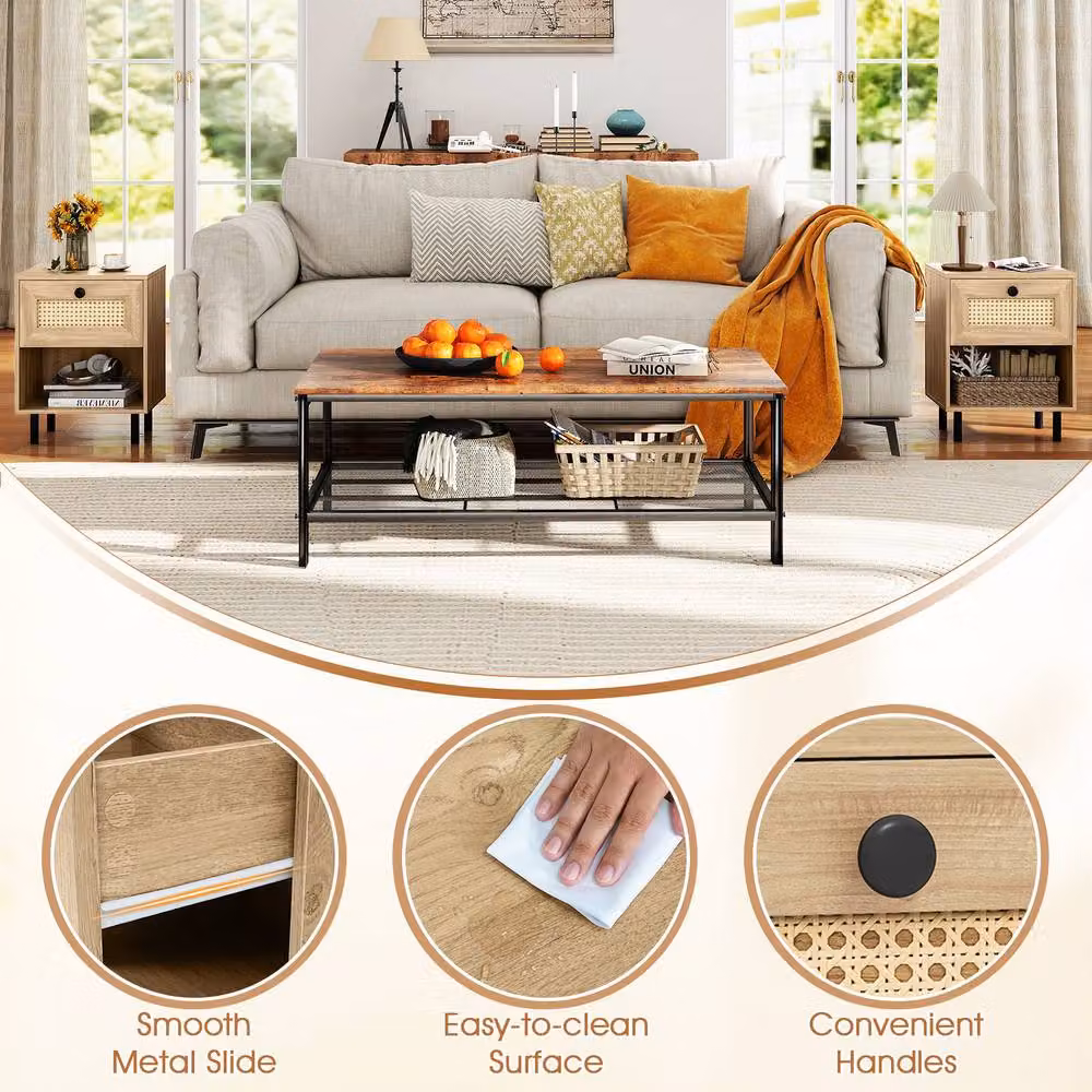 Gymax Set of 2 Boho Style Rattan Bedside Tables with Drawer and Metal Legs in Natural Brown – 5