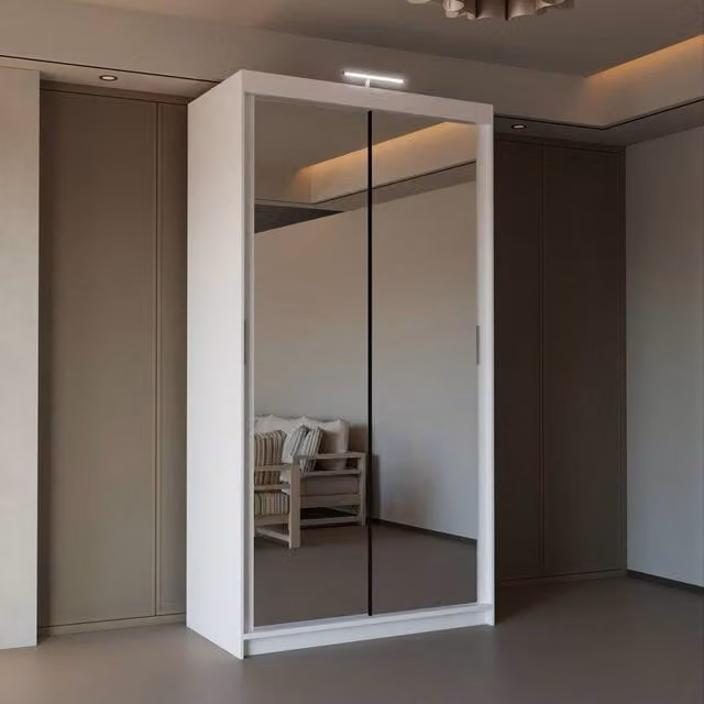 Sliding Wardrobes 4U Modern White Mirror Sliding Wardrobe with Integrated LED Light, W: 90 cm, H: 200 cm – 1