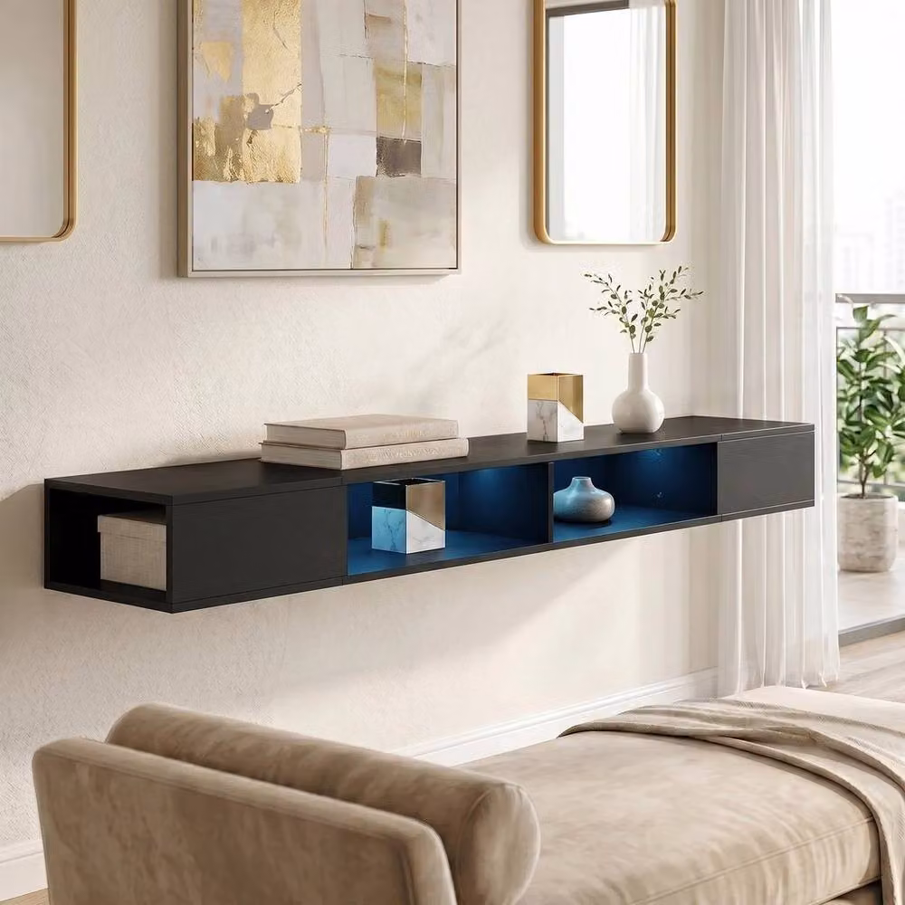 FORGEVIO Modern Black Wood TV Stand with Integrated RGB LED Lights for up to 75-Inch TVs – 6