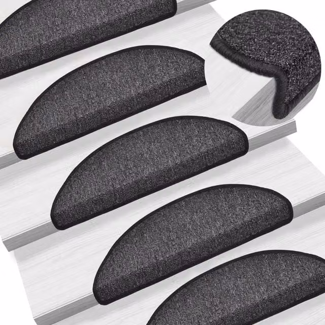 Berkfield Home Self-Adhesive Carpet Stair Treads, 15 Pieces, Anthracite Black, W/D/H: 56 x 17 x 3 cm