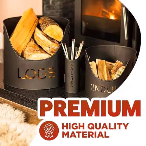 Marco Paul 3-Piece Black Metal Fireplace Accessory Set Including Log Basket, Kindling Bucket and Matchstick Holder – 4
