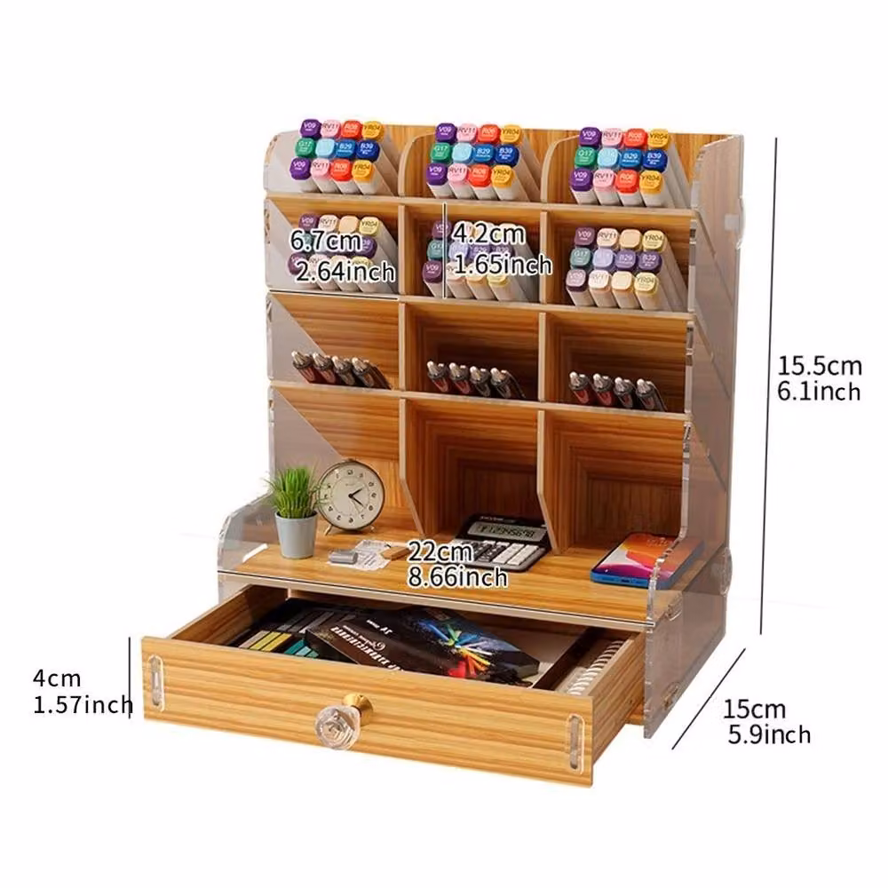 VOGREX Beige Wooden Artists Desk Organiser with Drawer and Multi-Compartment Marker Storage – 2