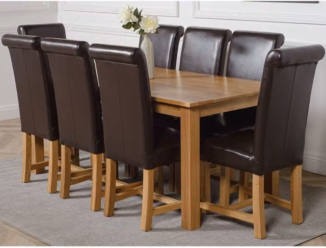 Thats Furniture Oslo Oak Dining Table and 8 Washington Leather Chairs in Brown, W: 180 cm, D: 90 cm
