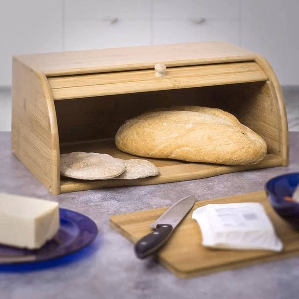 EONLION Bamboo Wooden Bread Box in Brown and Beige with Roll Front Lid – 3