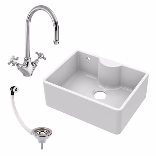 Balterley White Ceramic Butler Sink with Mono Crosshead Mixer Tap and Waste, Single Bowl Apron Front Design in White and Chrome – 1