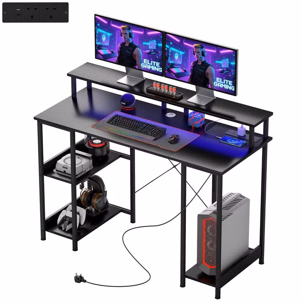 Rolipo Modern LED Computer Desk with Power Outlets and Shelves in Black – 2