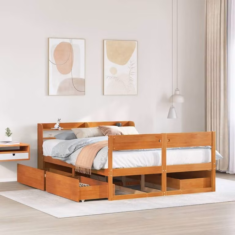Berkfield Home Waxed Brown Solid Pine Bed Frame with Drawers W/D/H: 160 x 200 cm