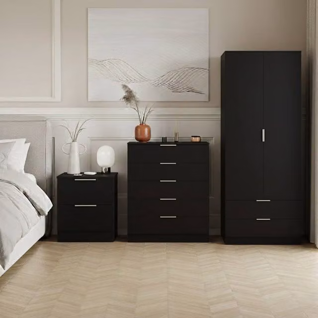 Vida Designs Trega 3-Piece Black Bedroom Set including Wardrobe, 5-Drawer Chest and 2 Bedside Tables – 1
