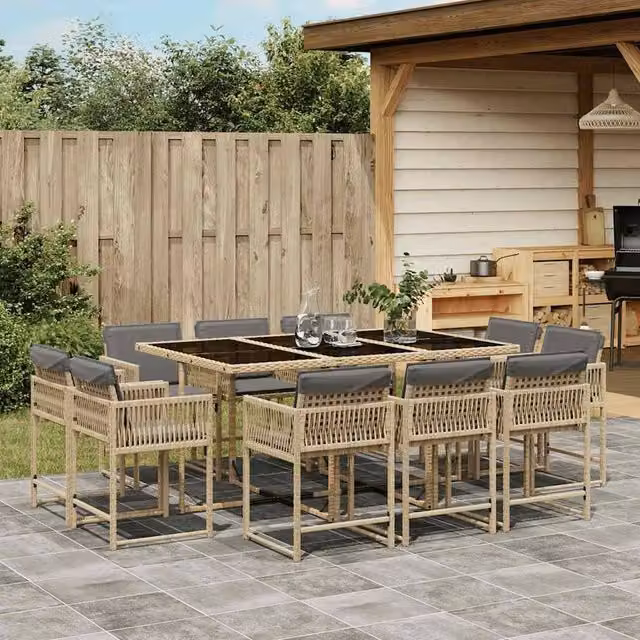Berkfield Home 11 Piece Garden Dining Set with Beige Cushions and Poly Rattan – 1