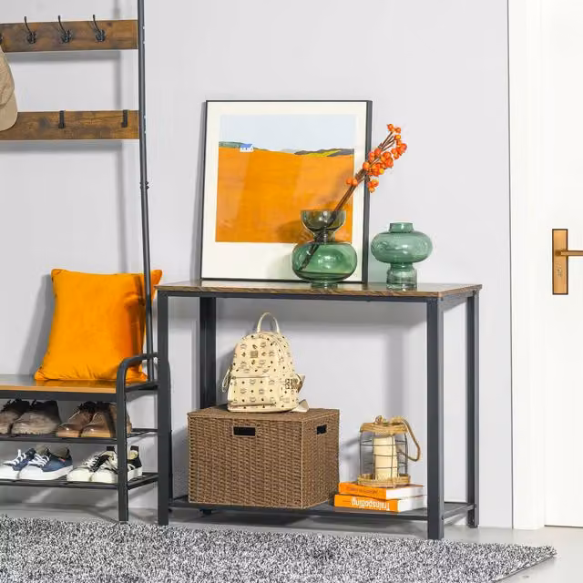 HOMCOM 2 Tier Industrial Console Table with Mesh Shelf in Rustic Brown and Black