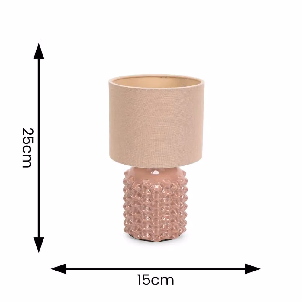 ValueLights Asha Pink Ceramic Geometric Table Lamp with Beige Fabric Drum Shade and LED Bulb – 3