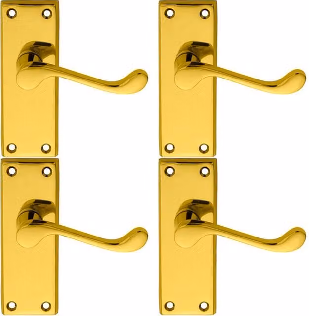Loops 4 Pairs of Victorian Scroll Lever Door Handles with Short Latch Backplate in Polished Brass, W: 11.8 cm, H: 4.3 cm