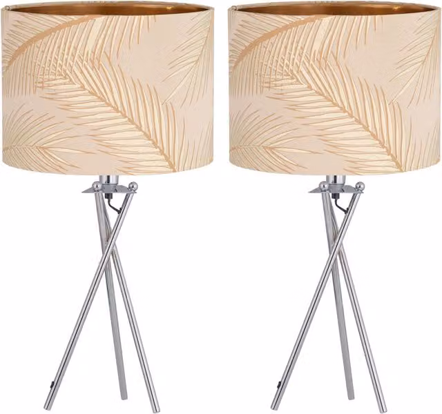 First Choice Lighting Tropica Set of 2 Chrome Tripod Lamps with Gold and Silver Fabric Shades – 1