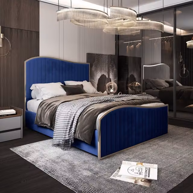 KDMD Darlington Blue Velvet Upholstered Metal Bed Frame, W/D/H: 180 x 200 cm