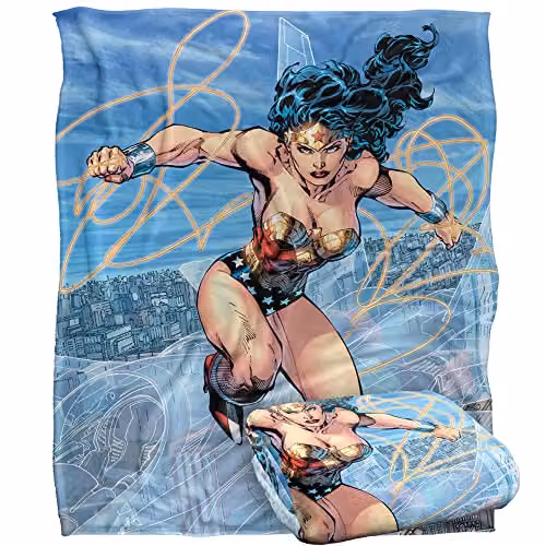 LOGOVISION Wonder Woman Silky Touch Super Soft Fleece Throw Blanket in Blue and White, W/D/H: 152 x 127 cm – 1