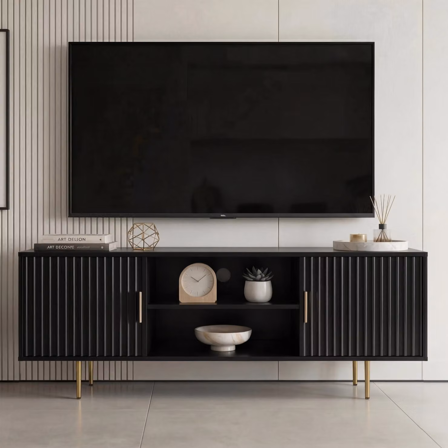 DHS Flutrina Modern Lacquered TV Unit Cabinet in Black, W: 140 cm, D: 40 cm, suitable for TVs up to 55"