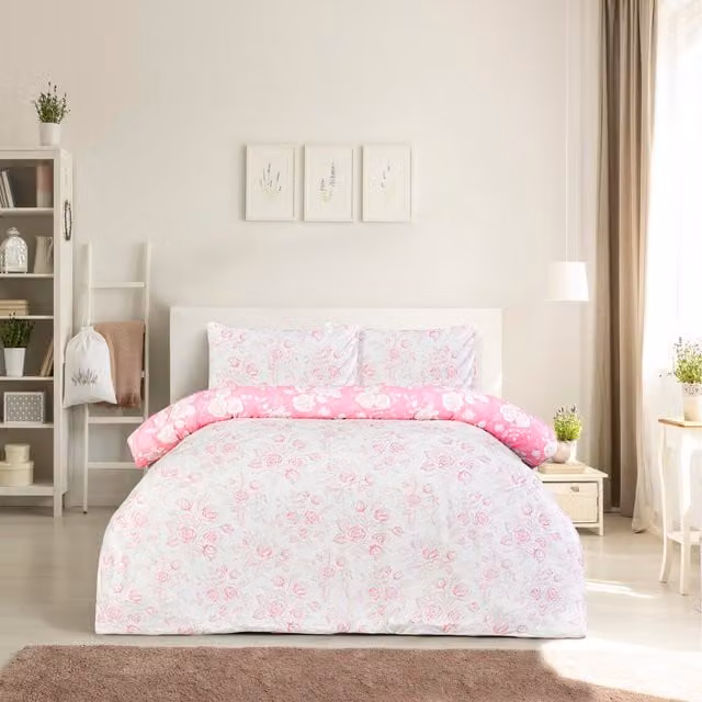 Smart Living Wholesale Ltd. Reversible Floral Toile Microfibre Duvet Cover and Pillowcase Set, Pink, Single, 90 x 190 cm