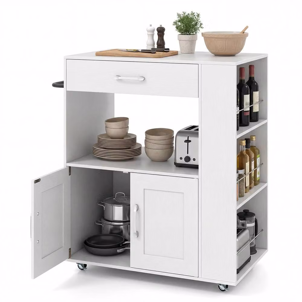 Costway Mobile Wooden Kitchen Island Cart with Cabinet and Spice Racks in White – 2