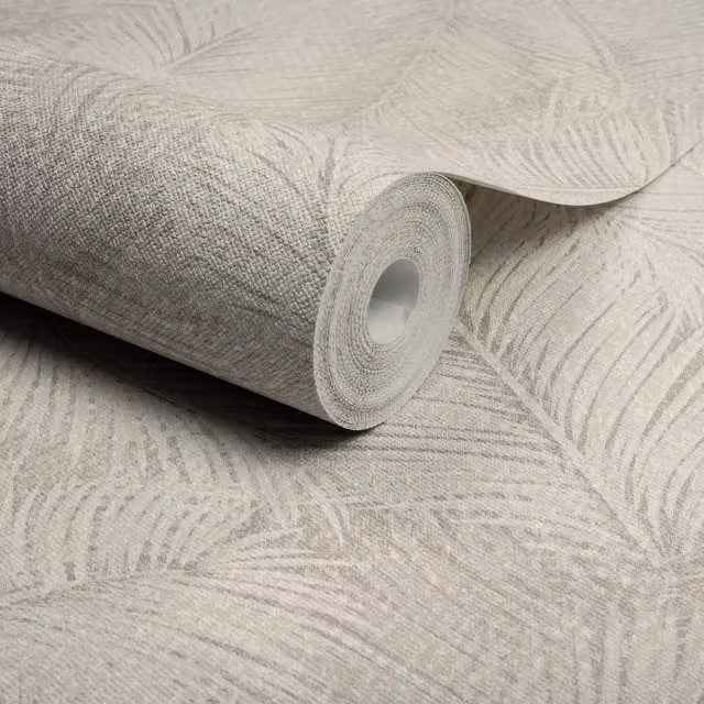 Grandeco Floating Leaf Feather Textured Botanical Wallpaper in Beige, Green and Brown