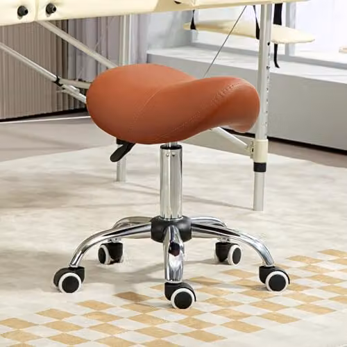 HOMCOM Brown PU Leather Saddle Stool with Adjustable Height and Castors – 2