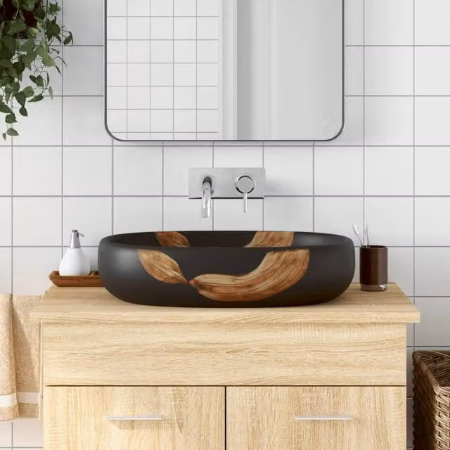 Berkfield Home Black Oval Ceramic Countertop Basin W/D/H: 59 x 40 x 14 cm